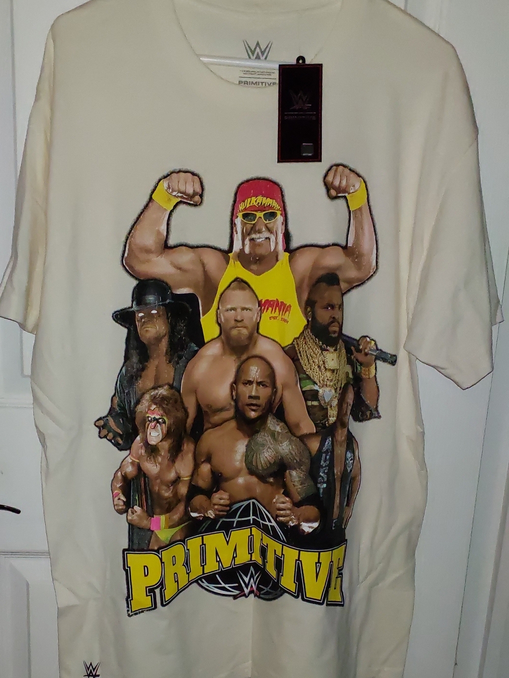Primitive WWE Cream Graphic Tee with The Hulk, Mr. T, And More L